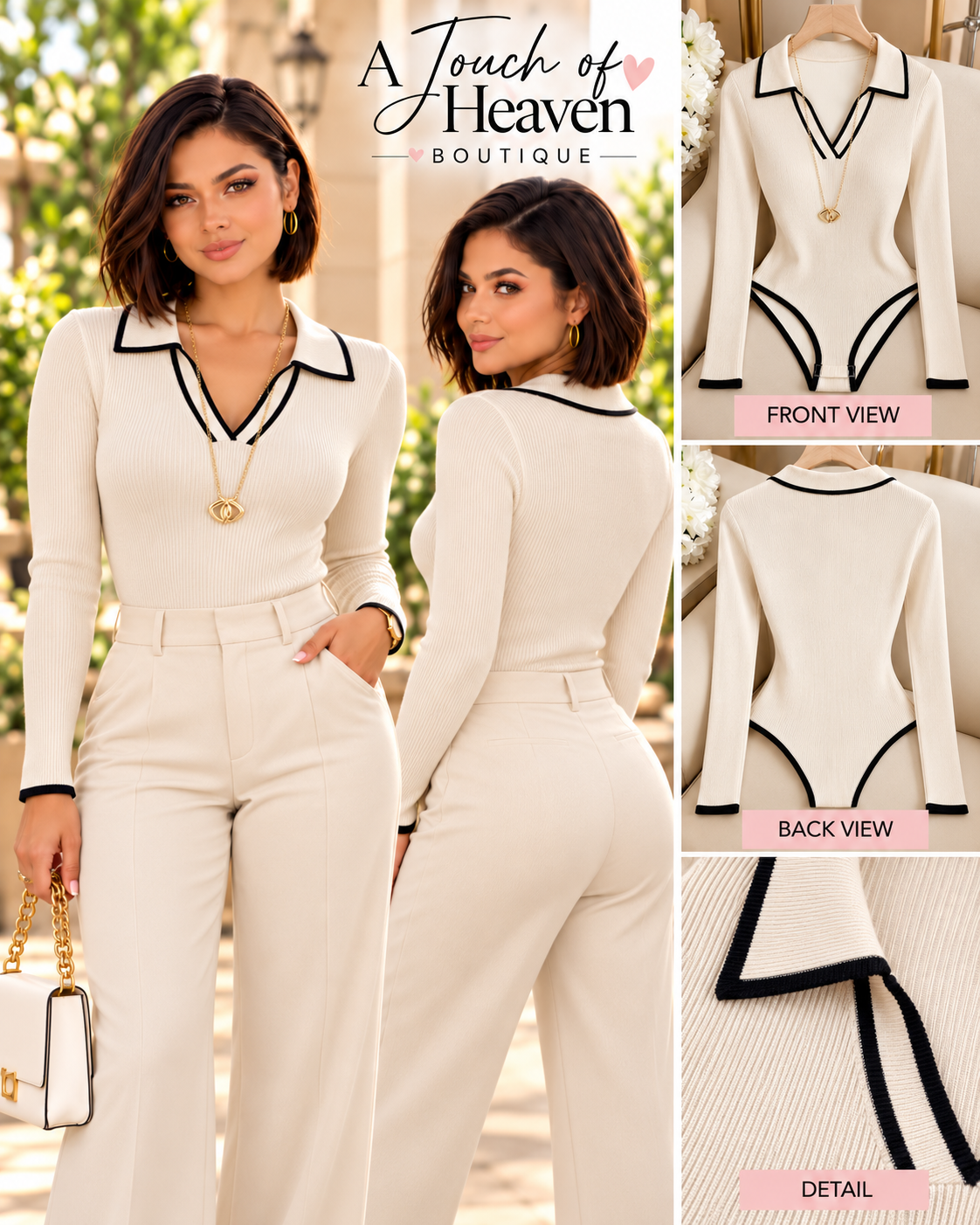 Ivory Contrast Trim Long-Sleeve Bodysuit