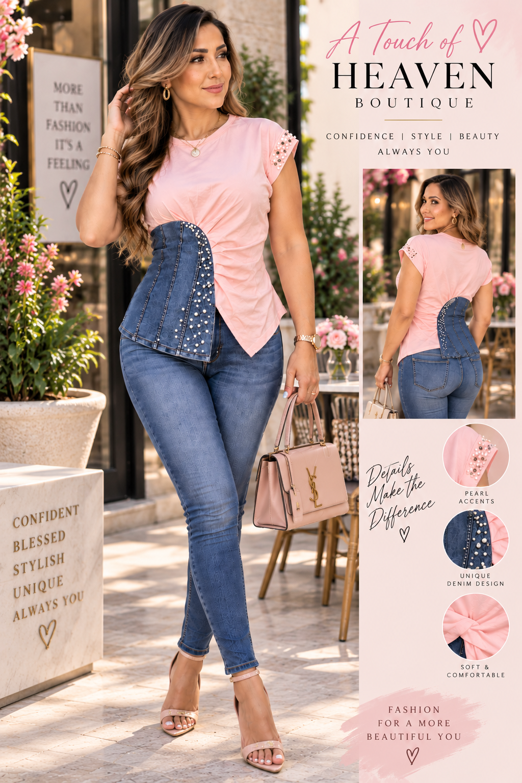 Pearl Accent Denim Corset Top